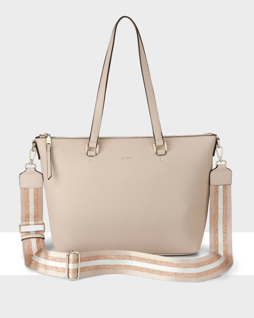 Vivian Medium Zip Top Tote With Metallic Stripe Strap-Handbags-PEROZ Accessories
