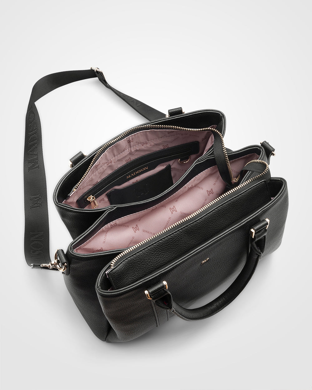 Patricia Medium Zip Top Satchel With 3 Compartments and Webbing Crossbody Strap-Handbags-PEROZ Accessories