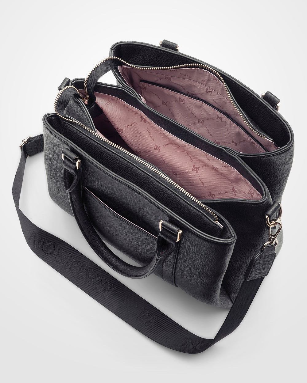 Patricia Medium Zip Top Satchel With 3 Compartments and Webbing Crossbody Strap-Handbags-PEROZ Accessories