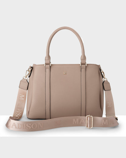 Patricia Medium Zip Top Satchel With 3 Compartments and Webbing Crossbody Strap-Handbags-PEROZ Accessories