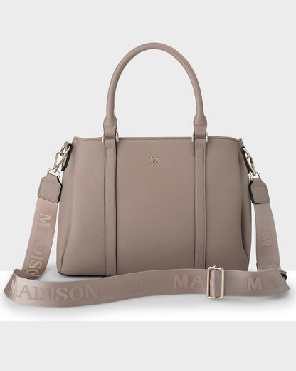 Patricia Medium Zip Top Satchel With 3 Compartments and Webbing Crossbody Strap-Handbags-PEROZ Accessories