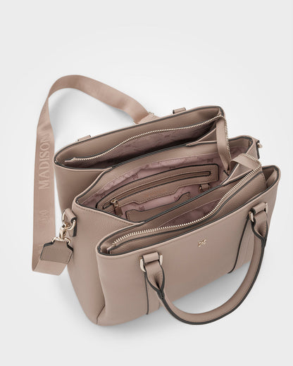 Patricia Medium Zip Top Satchel With 3 Compartments and Webbing Crossbody Strap-Handbags-PEROZ Accessories