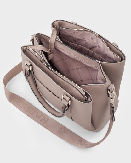 Patricia Medium Zip Top Satchel With 3 Compartments and Webbing Crossbody Strap-Handbags-PEROZ Accessories