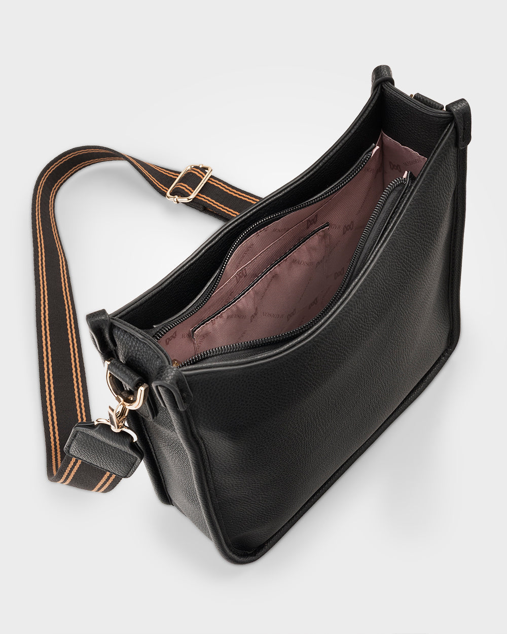 Paula Sling Zip Top Crossbody Bag With Stripe Webbing Strap-Handbags-PEROZ Accessories