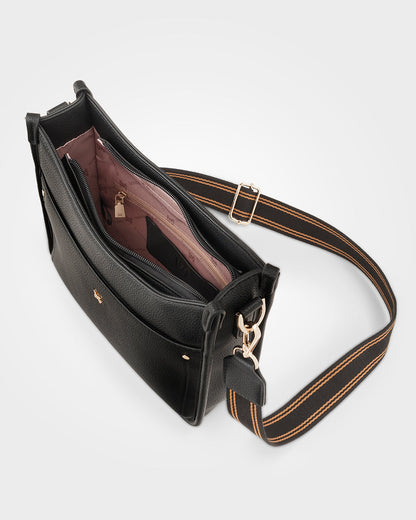 Paula Sling Zip Top Crossbody Bag With Stripe Webbing Strap-Handbags-PEROZ Accessories