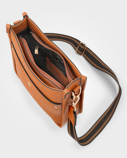 Paula Sling Zip Top Crossbody Bag With Stripe Webbing Strap-Handbags-PEROZ Accessories