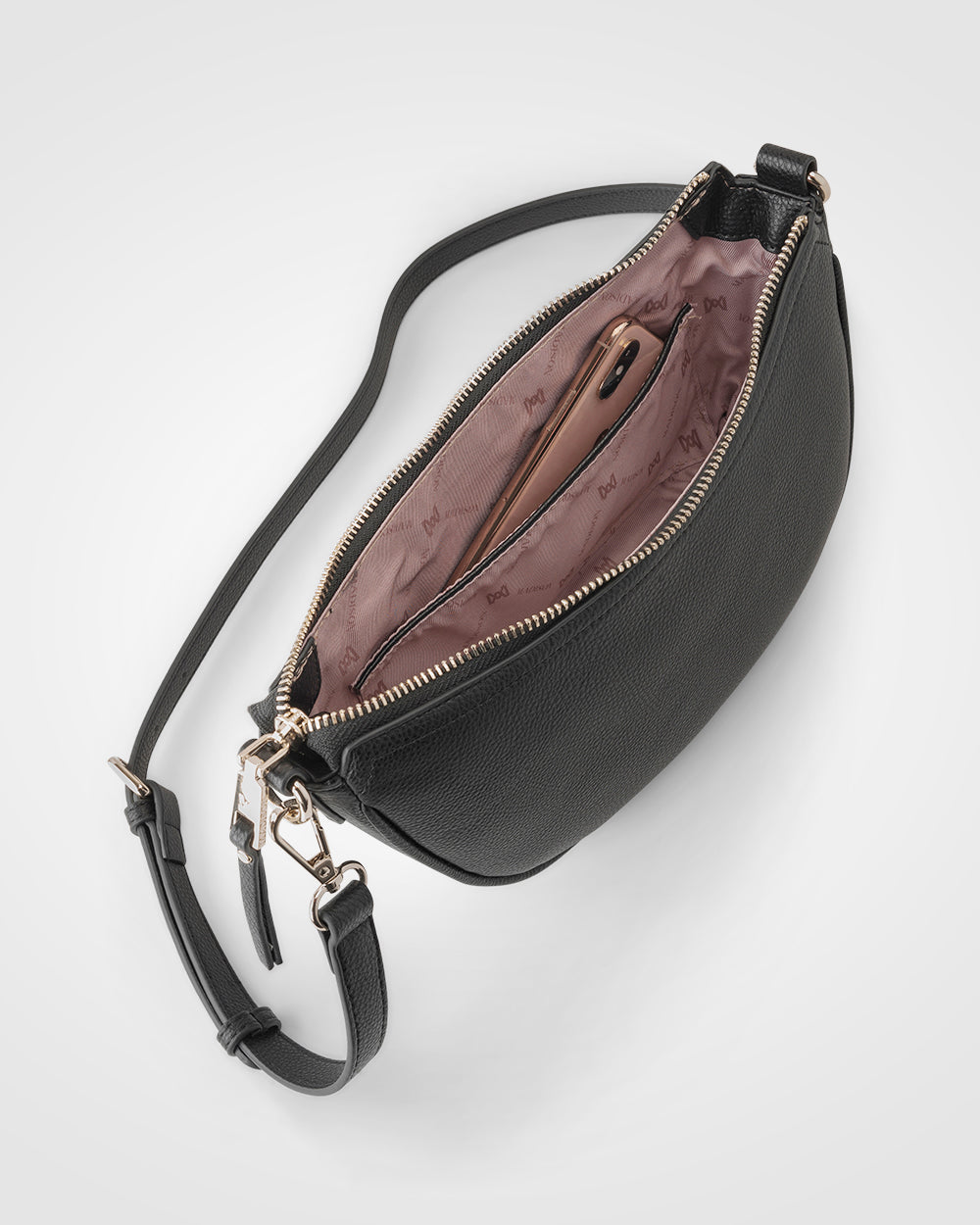 Layla Zip Top Curved Crossbody With Monogram Strap-Handbags-PEROZ Accessories