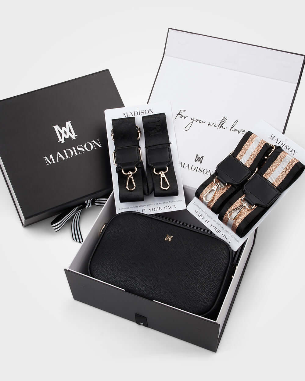 Monica &quot;Wear It 3 Ways&quot; Giftbox - Metallic Stripe, Monogram &amp; Matching Bag Strap-Gift-PEROZ Accessories