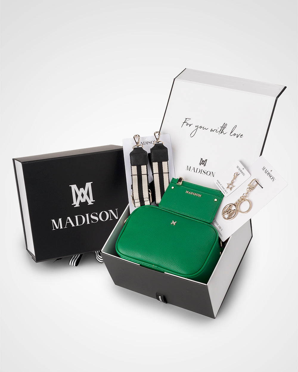 Monica Stripe 5 Piece Giftbox - Handbag, Bag Strap, Cardholder, Keychain &amp; Personalisation Charm-PEROZ Accessories