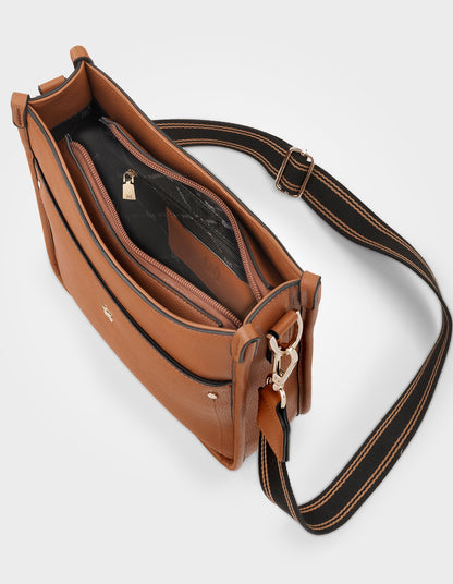 Paula Sling Zip Top Crossbody Bag With Stripe Webbing Strap-Handbags-PEROZ Accessories