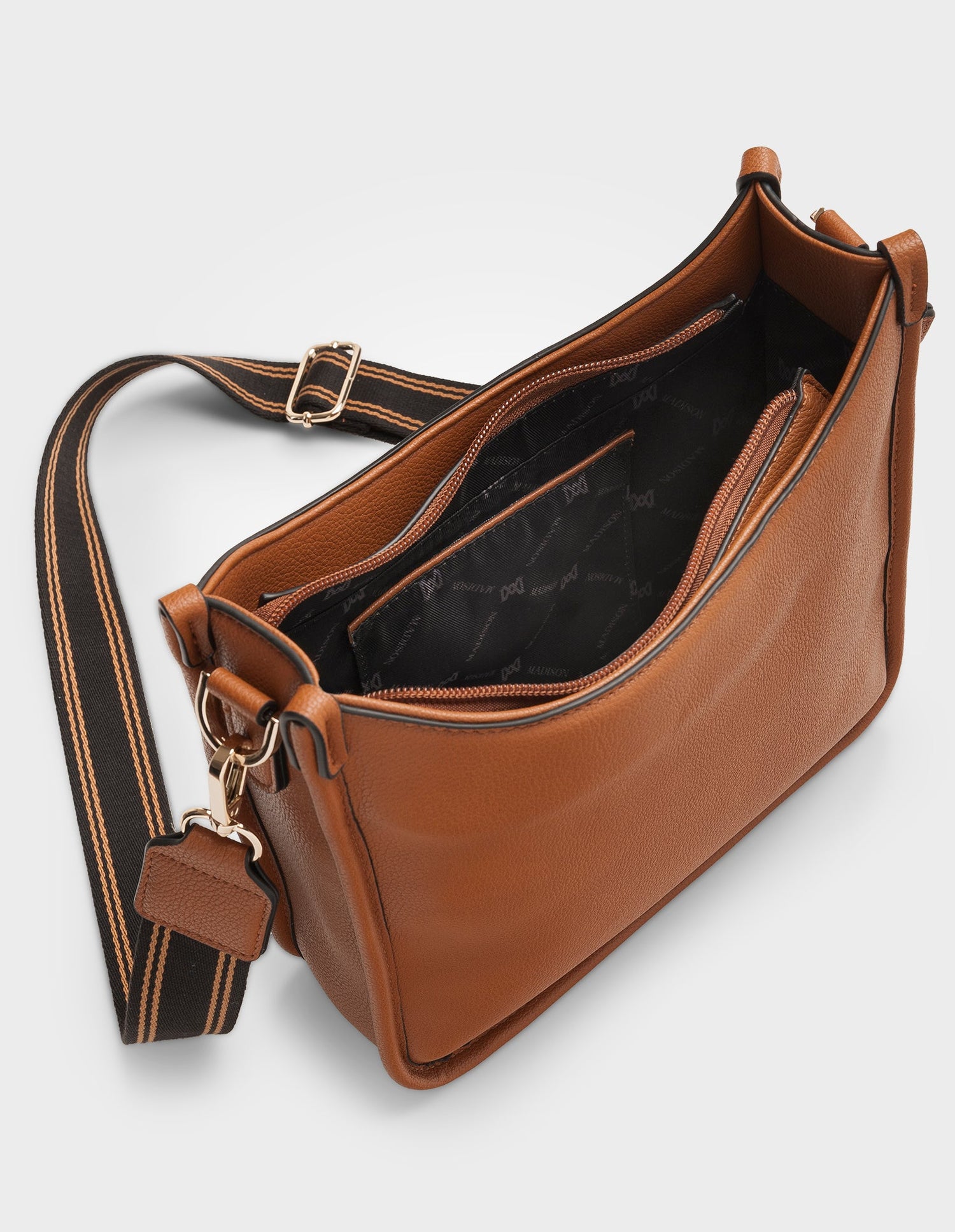 Paula Sling Zip Top Crossbody Bag With Stripe Webbing Strap-Handbags-PEROZ Accessories