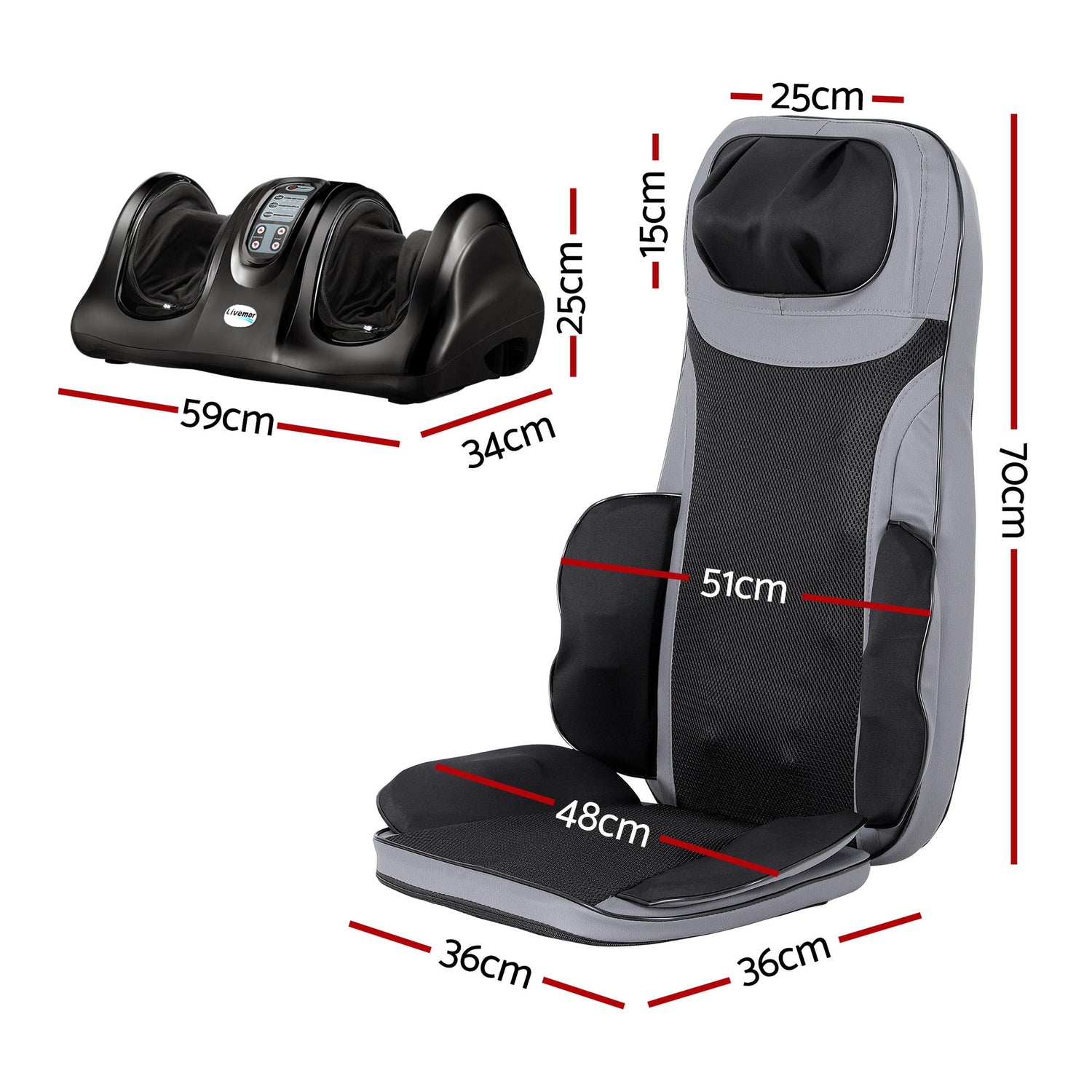 Livemor 8-nodes Full Back Massage Seat Cushion Heating With Foot Massagers-Health &amp; Beauty > Massage &amp; Relaxation > Massagers-PEROZ Accessories