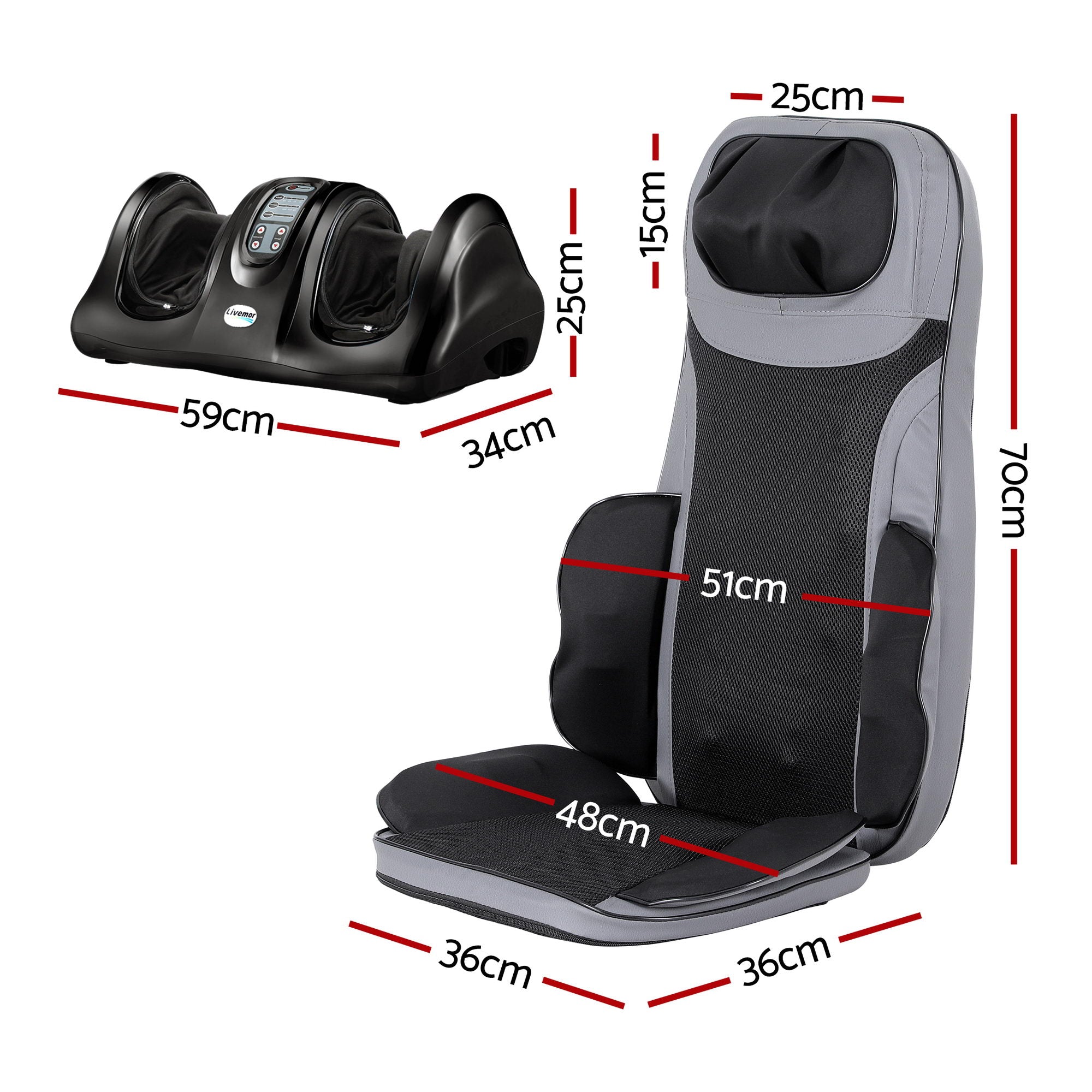 Livemor 8-nodes Full Back Massage Seat Cushion Heating With Foot Massagers-Health &amp; Beauty > Massage &amp; Relaxation > Massagers-PEROZ Accessories