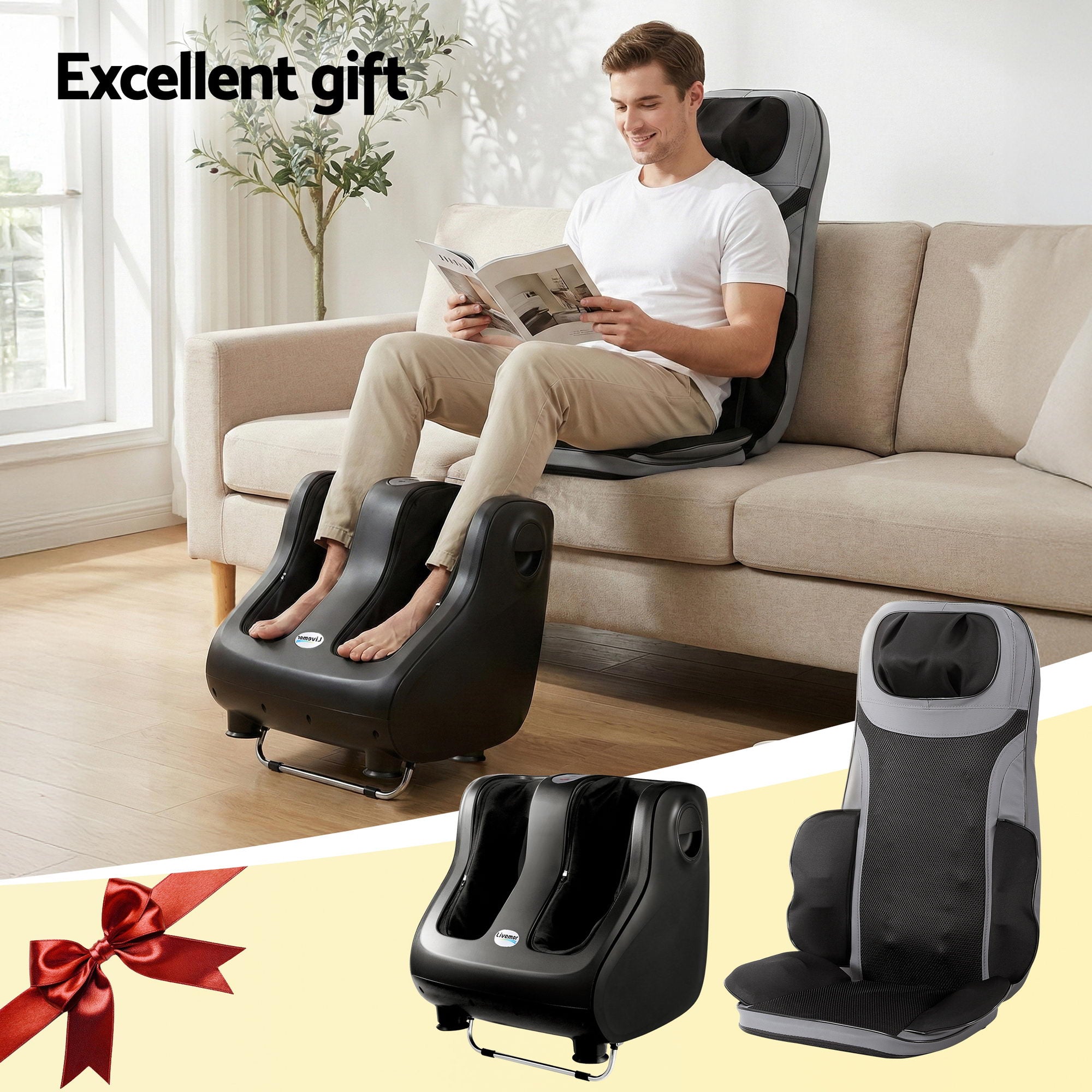 Livemor Full Back Massage Seat Cushion Heating With 360° Foot Massagers-Health &amp; Beauty > Massage &amp; Relaxation > Massagers-PEROZ Accessories