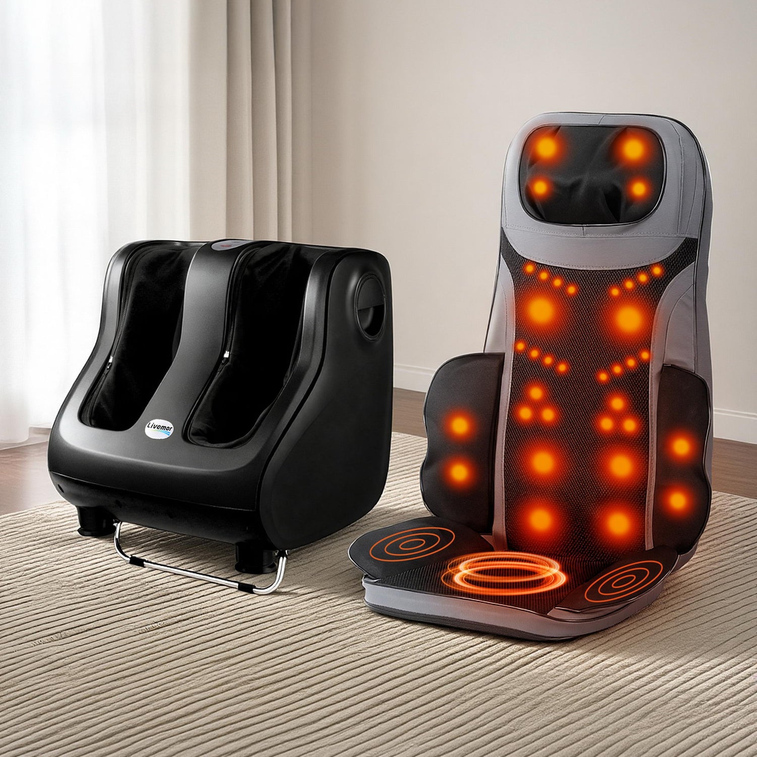 Livemor Full Back Massage Seat Cushion Heating With 360° Foot Massagers-Health &amp; Beauty > Massage &amp; Relaxation > Massagers-PEROZ Accessories