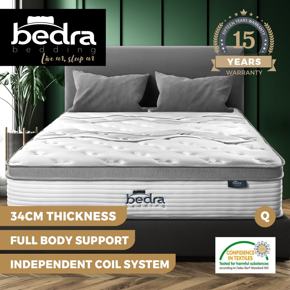 Queen Mattress Euro Top Bed Mattress Pocket Spring Medium Firm 34cm 7 Zone Bedra-Mattresses-PEROZ Accessories