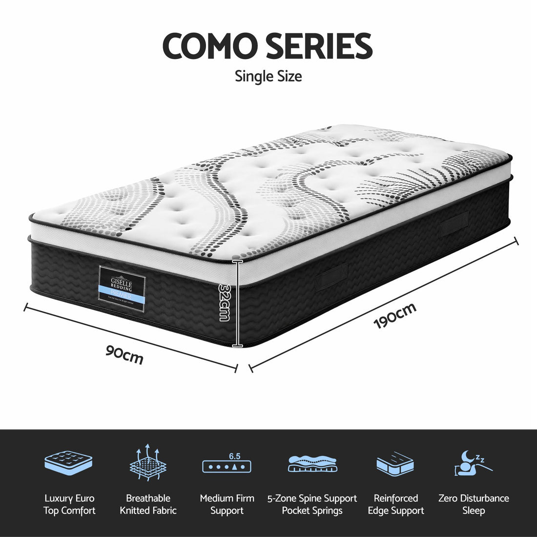 Giselle Bedding 32cm Mattress Euro Top Single-Mattresses-PEROZ Accessories