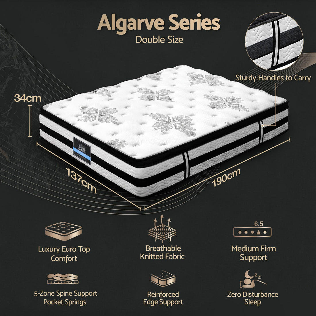 Giselle Bedding 34cm Mattress Euro Top Pocket Spring Double-Mattresses-PEROZ Accessories