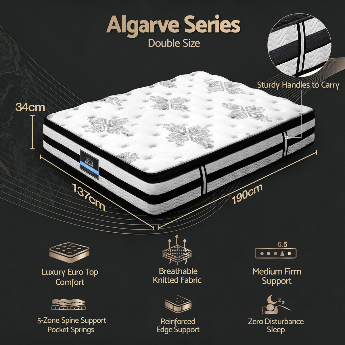 Giselle Bedding 34cm Mattress Euro Top Pocket Spring Double-Mattresses-PEROZ Accessories