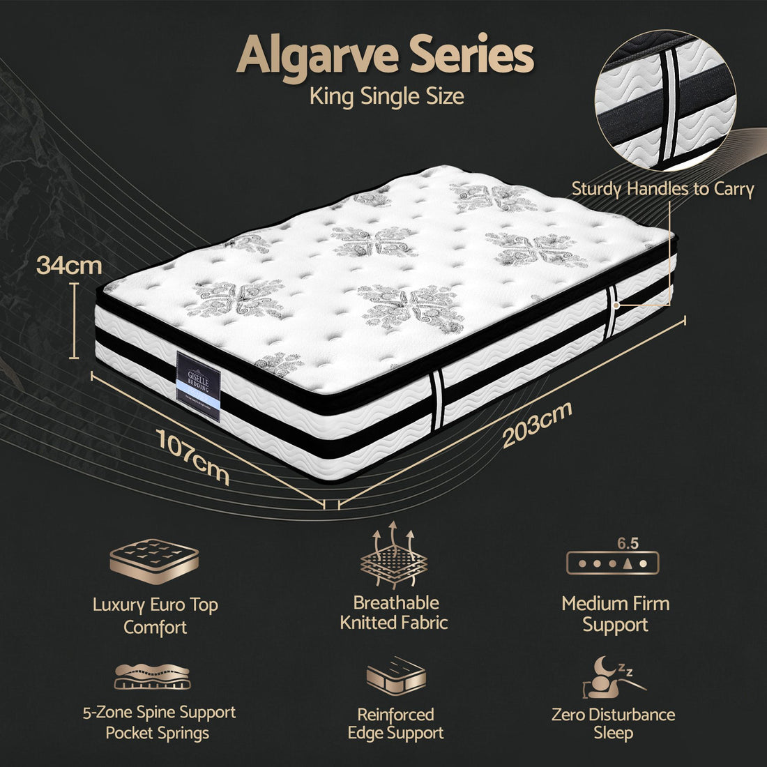 Giselle Bedding 34cm Mattress Euro Top Pocket Spring King Single-Mattresses-PEROZ Accessories