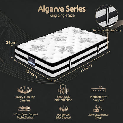 Giselle Bedding 34cm Mattress Euro Top Pocket Spring King Single-Mattresses-PEROZ Accessories