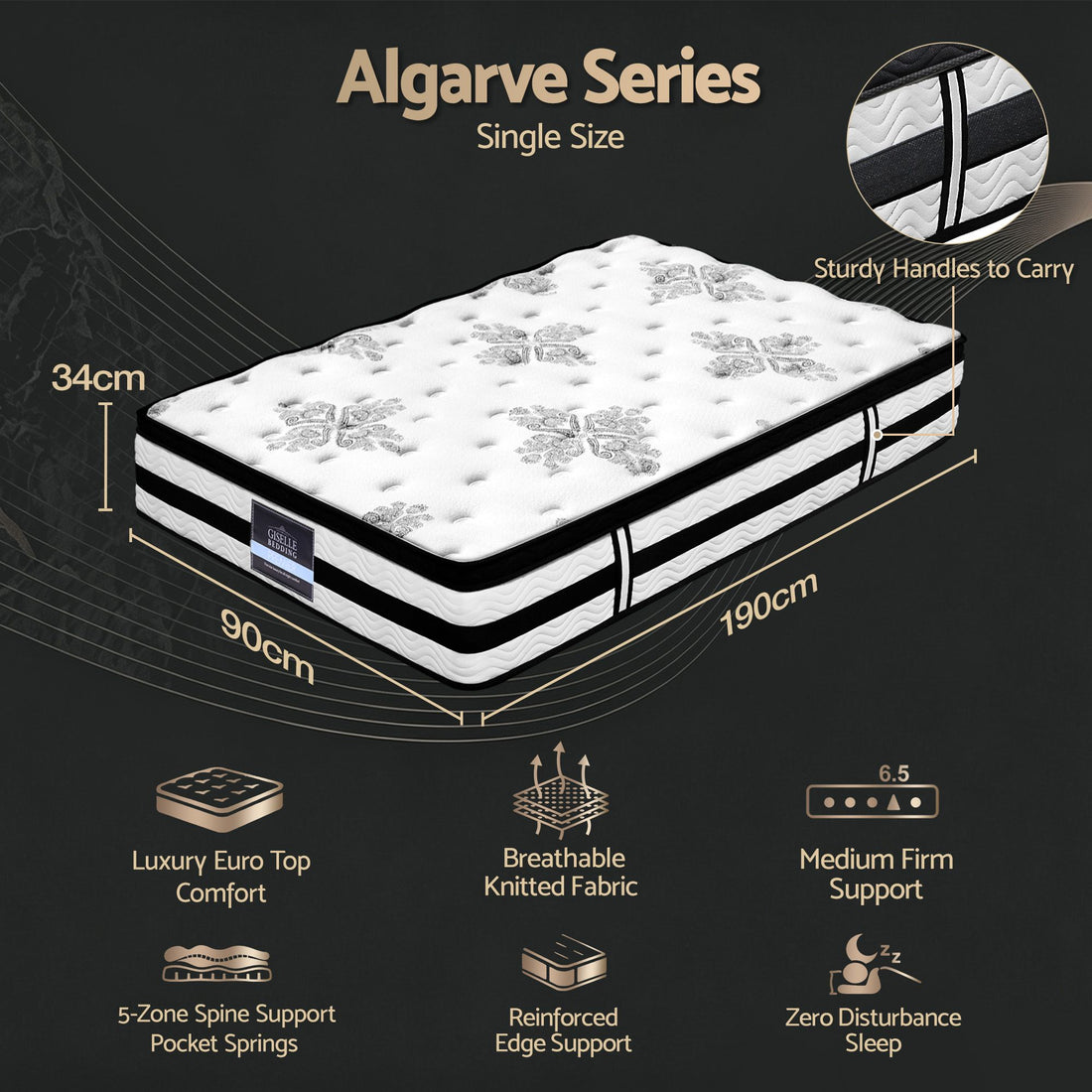 Giselle Bedding 34cm Mattress Euro Top Pocket Spring Single-Mattresses-PEROZ Accessories