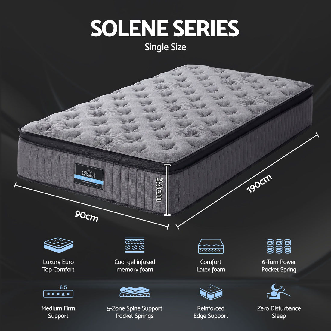Bed Mattress Giselle 34cm Single-Furniture > Mattresses > Single Mattress-PEROZ Accessories