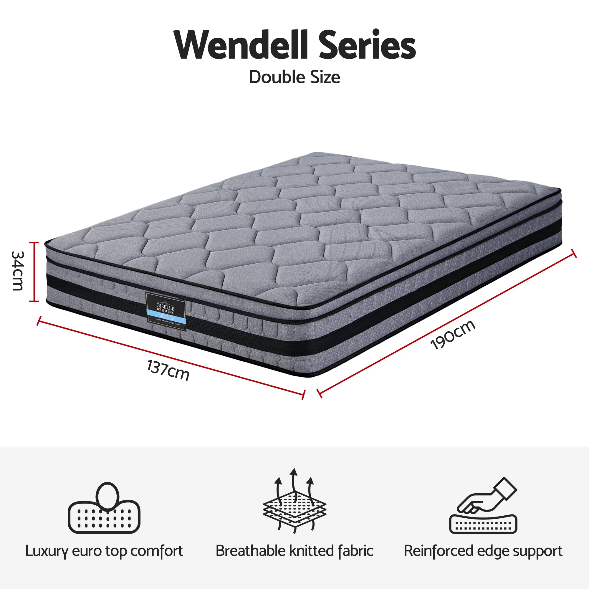 Giselle Bedding 34cm Double Mattress Hybrid, Pocket Spring Bed Mattress-Furniture > Mattresses > Double Mattress-PEROZ Accessories