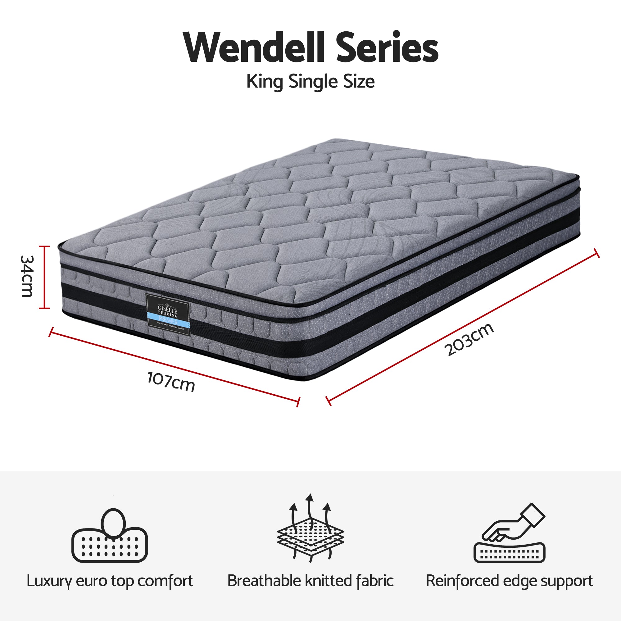 Giselle Bedding 34cm King Single Mattress Hybrid, Pocket Spring Bed Mattress-Furniture > Mattresses > King Single Mattress-PEROZ Accessories