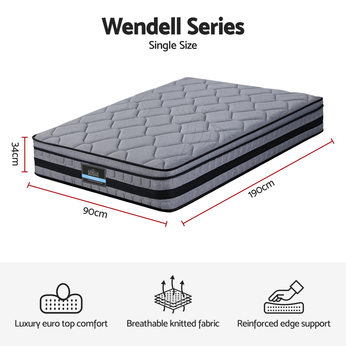Giselle Bedding 34cm Single Mattress Hybrid, Pocket Spring Bed Mattress-Furniture > Mattresses > Single Mattress-PEROZ Accessories