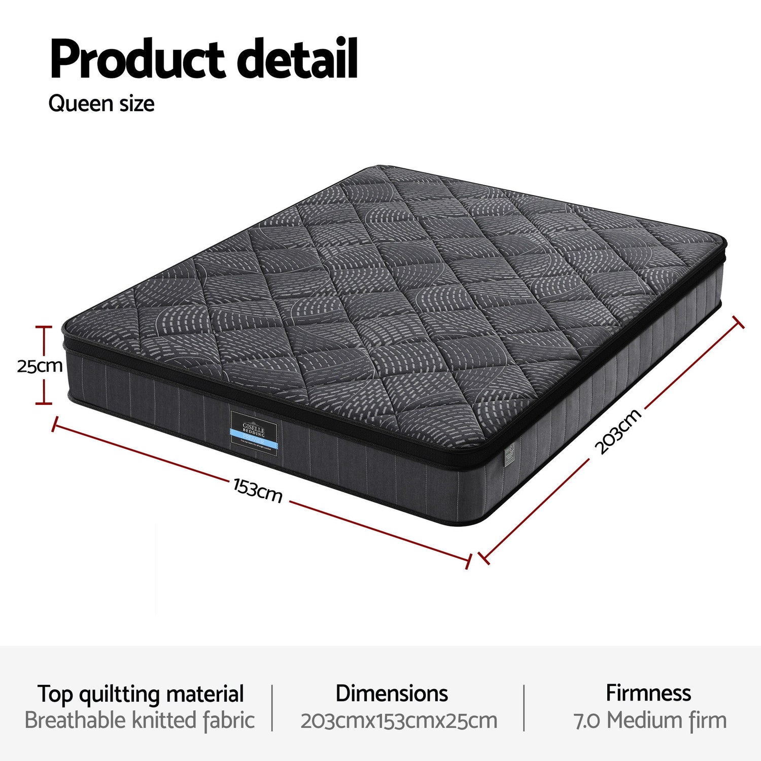 Giselle Bedding Queen Mattress 25cm Pocket Spring Latex Euro Top Medium Firm Bed-Furniture > Mattresses > Queen Mattress-PEROZ Accessories