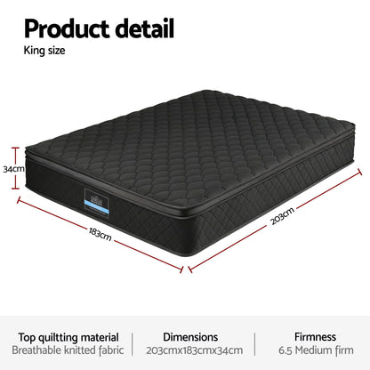 Giselle Bedding King Mattress 34cm Euro Top with 5-Zone Pocket Spring Support Black-Furniture > Mattresses > King Size Mattress-PEROZ Accessories