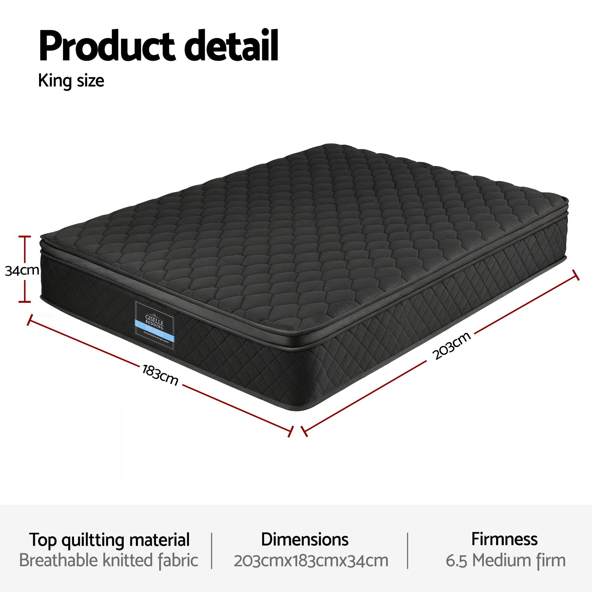 Giselle Bedding Mattress 34cm 5-Zone Pocket Spring Egg-crate Memory Foam King-Furniture > Mattresses > King Size Mattress-PEROZ Accessories