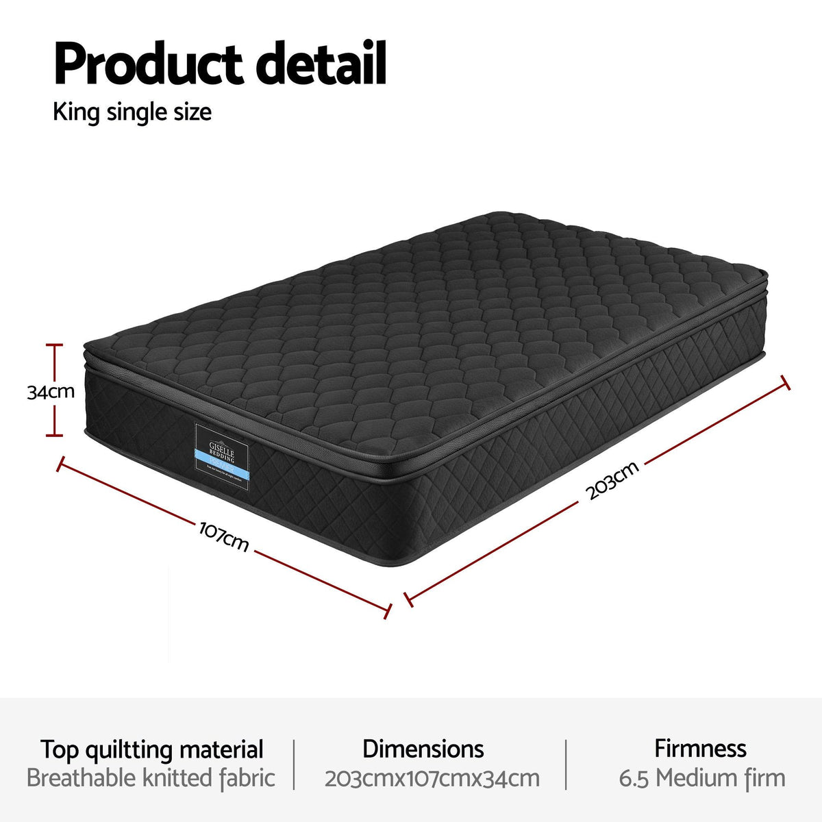 Giselle Bedding King Single Mattress 34cm Euro Top with 5-Zone Pocket Spring Support Black-Furniture > Mattresses > King Single Mattress-PEROZ Accessories