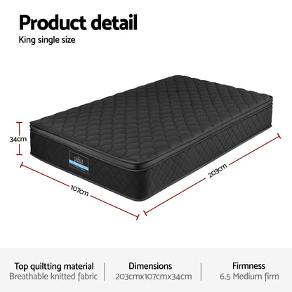 Giselle Bedding King Single Mattress 34cm Euro Top with 5-Zone Pocket Spring Support Black-Furniture > Mattresses > King Single Mattress-PEROZ Accessories