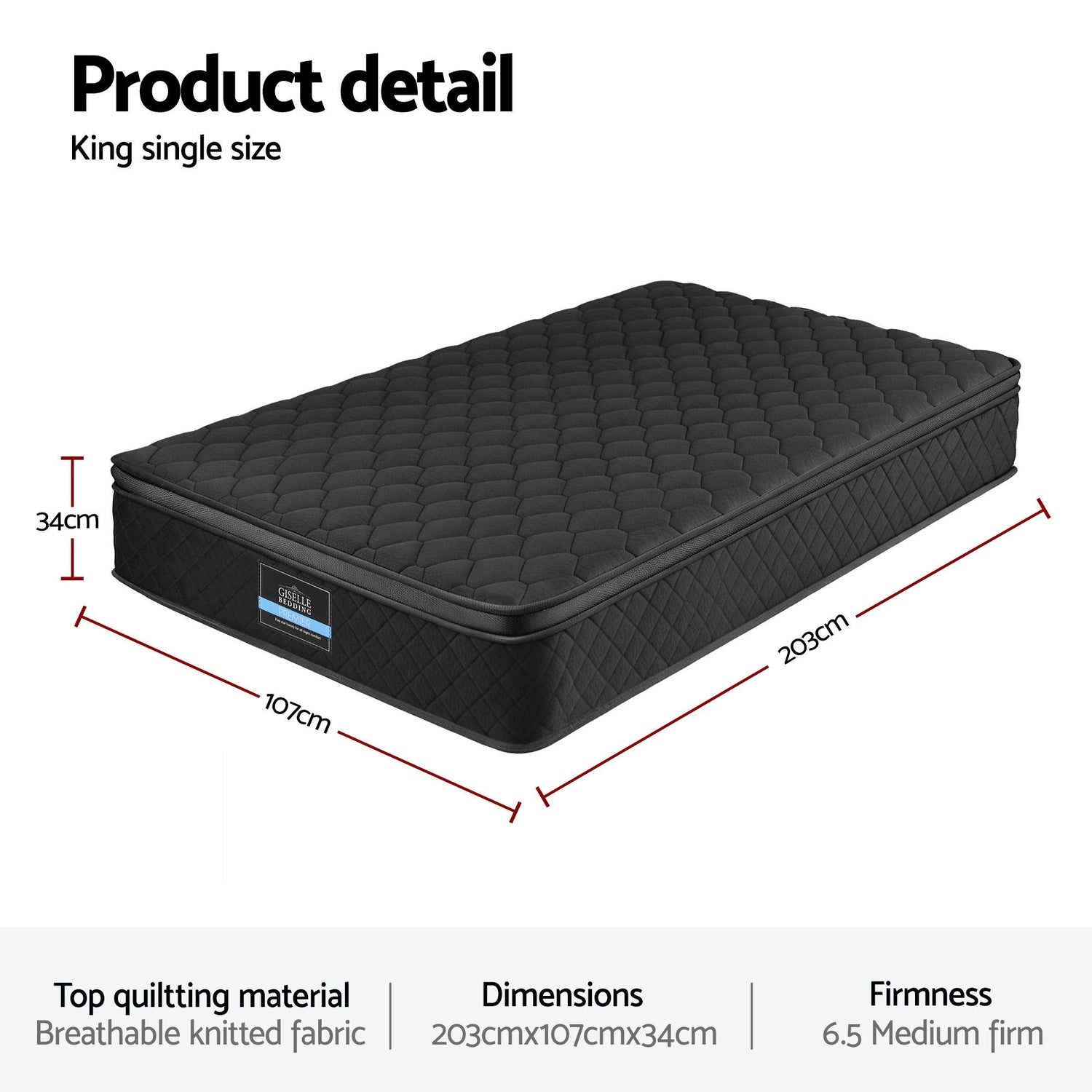 Giselle Bedding Mattress 34cm 5-Zone Pocket Spring Egg-crate Memory Foam King Single-Furniture > Mattresses > King Single Mattress-PEROZ Accessories