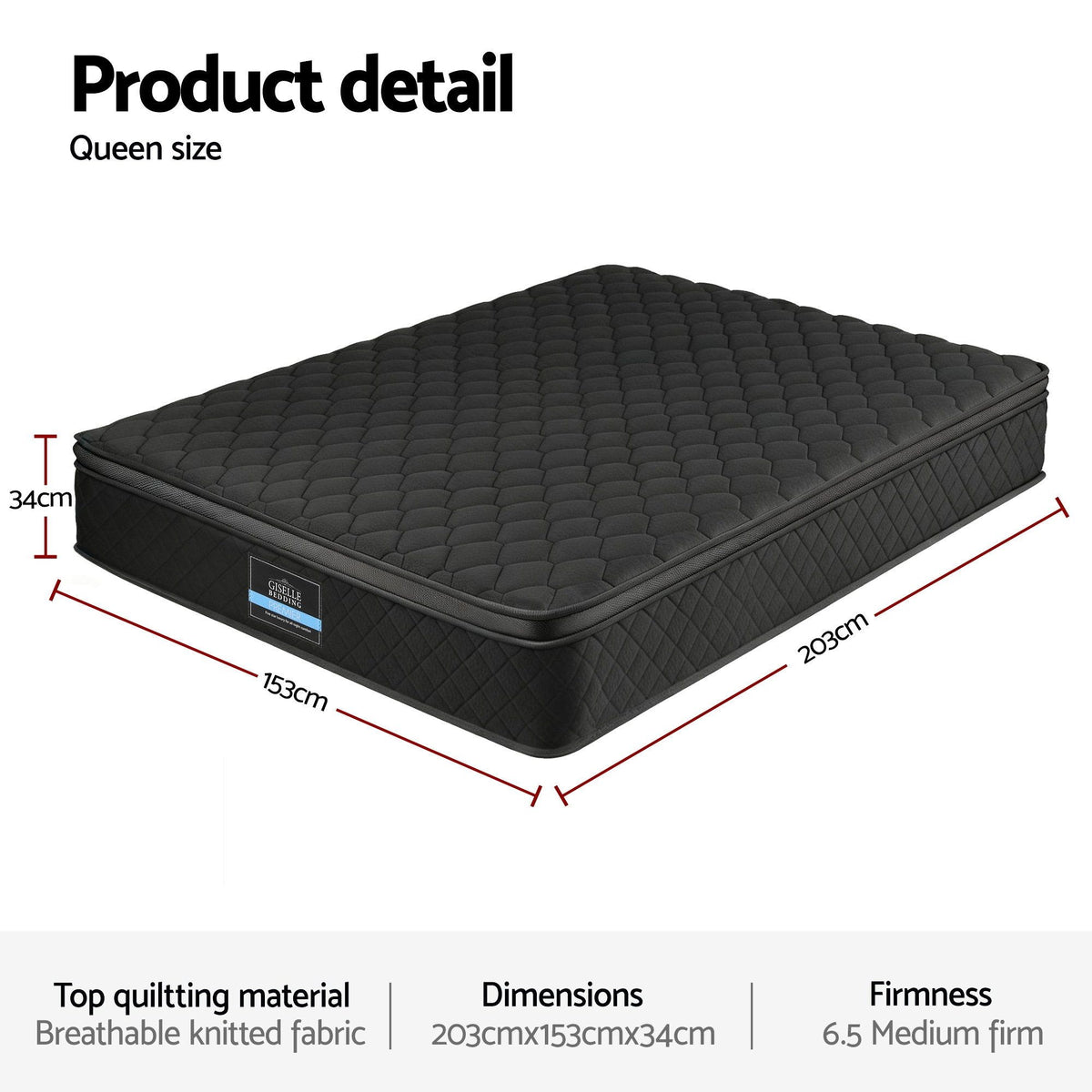 Giselle Bedding Queen Mattress 34cm Euro Top with 5-Zone Pocket Spring Support Black-Furniture > Mattresses > Queen Mattress-PEROZ Accessories