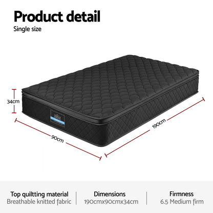 Giselle Bedding Single Mattress 34cm Euro Top with 5-Zone Pocket Spring Support Black-Furniture > Mattresses > Single Mattress-PEROZ Accessories