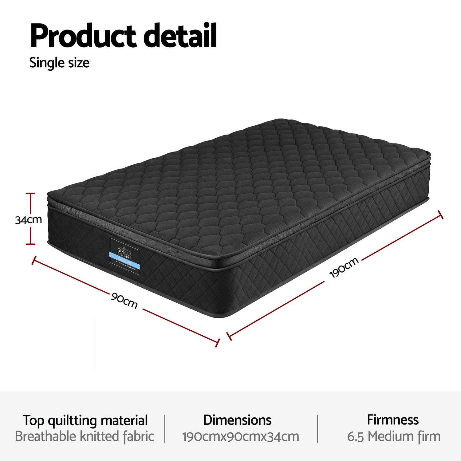 Giselle Bedding Mattress 34cm 5-Zone Pocket Spring Egg-crate Memory Foam Single-Furniture > Mattresses > Single Mattress-PEROZ Accessories