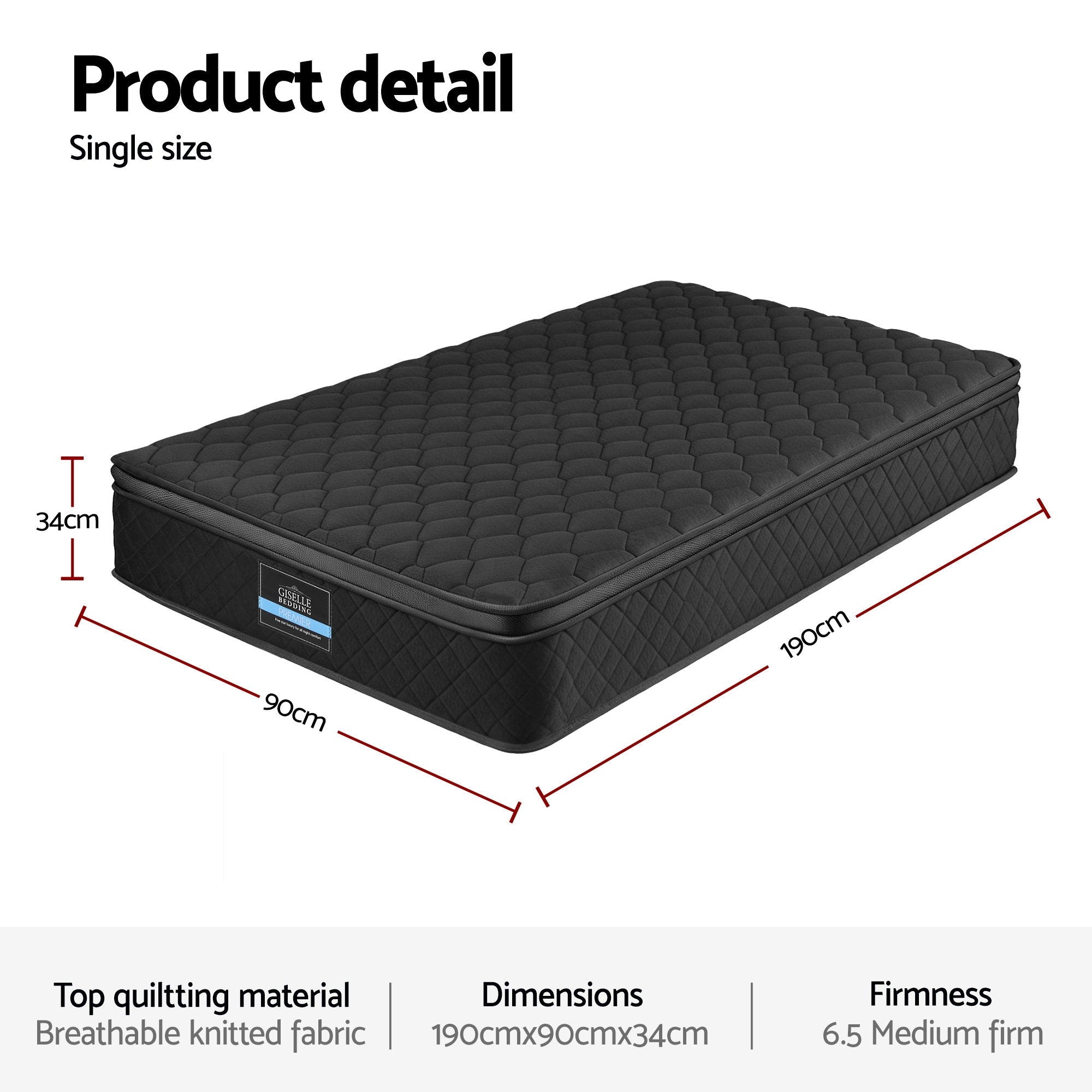 Giselle Bedding Mattress 34cm 5-Zone Pocket Spring Egg-crate Memory Foam Single-Furniture > Mattresses > Single Mattress-PEROZ Accessories
