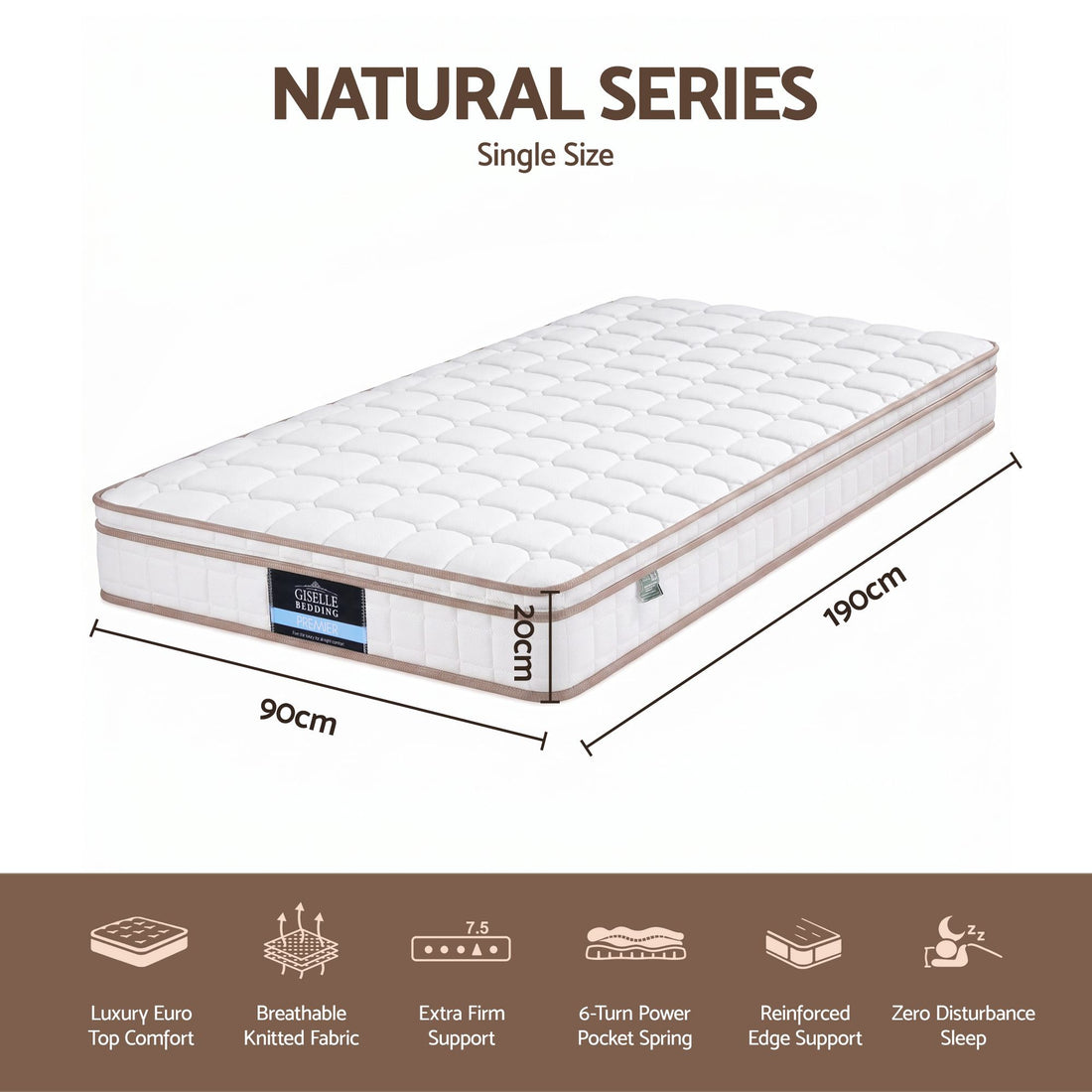 Giselle 20cm Firm Single Mattress Pocket Spring for Bedroom or Guest Room-Furniture > Mattresses > Single Mattress-PEROZ Accessories