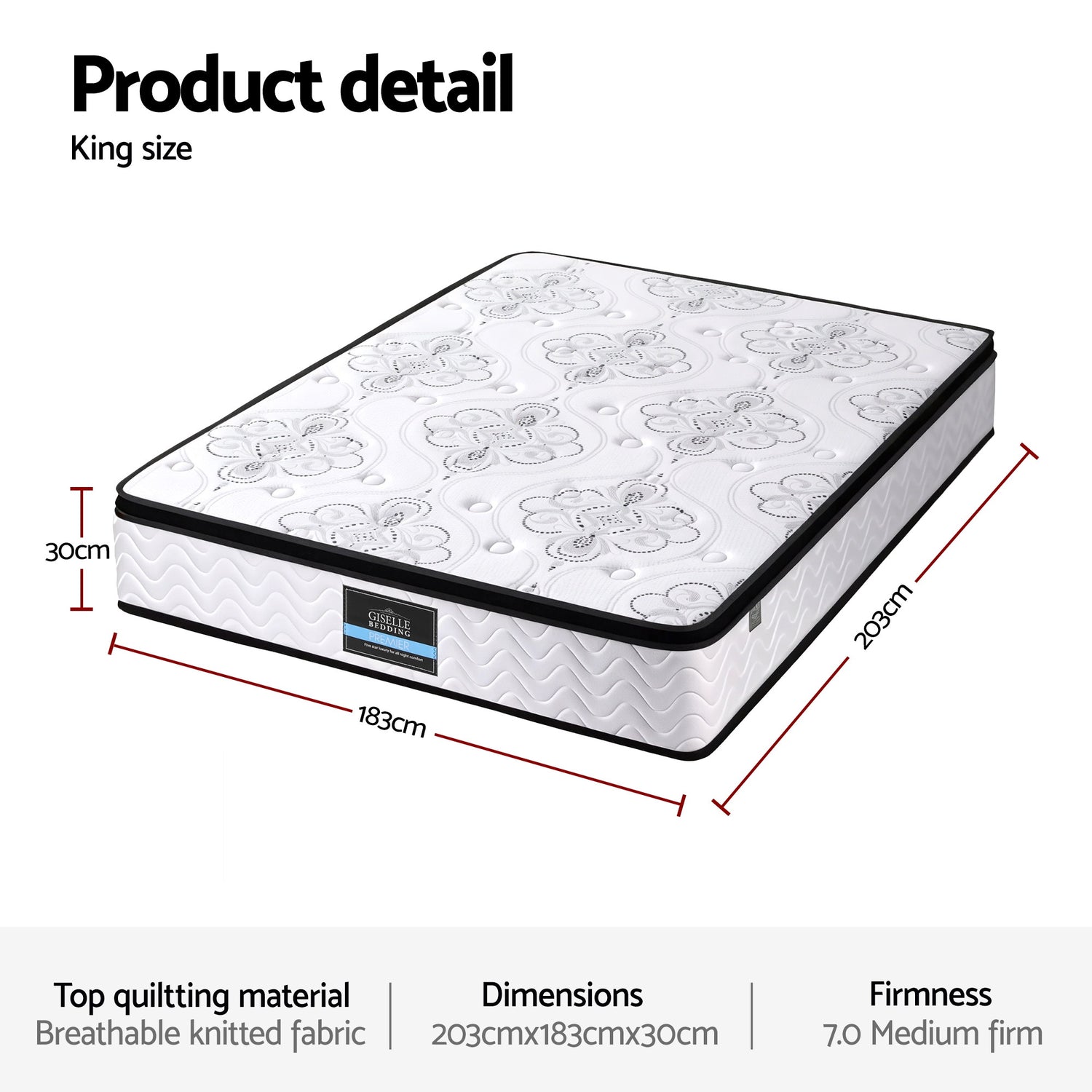 Giselle Bedding 30cm Mattress Pocket Spring Medium Firm Foam Euro Top King-Furniture > Mattresses > King Size Mattress-PEROZ Accessories