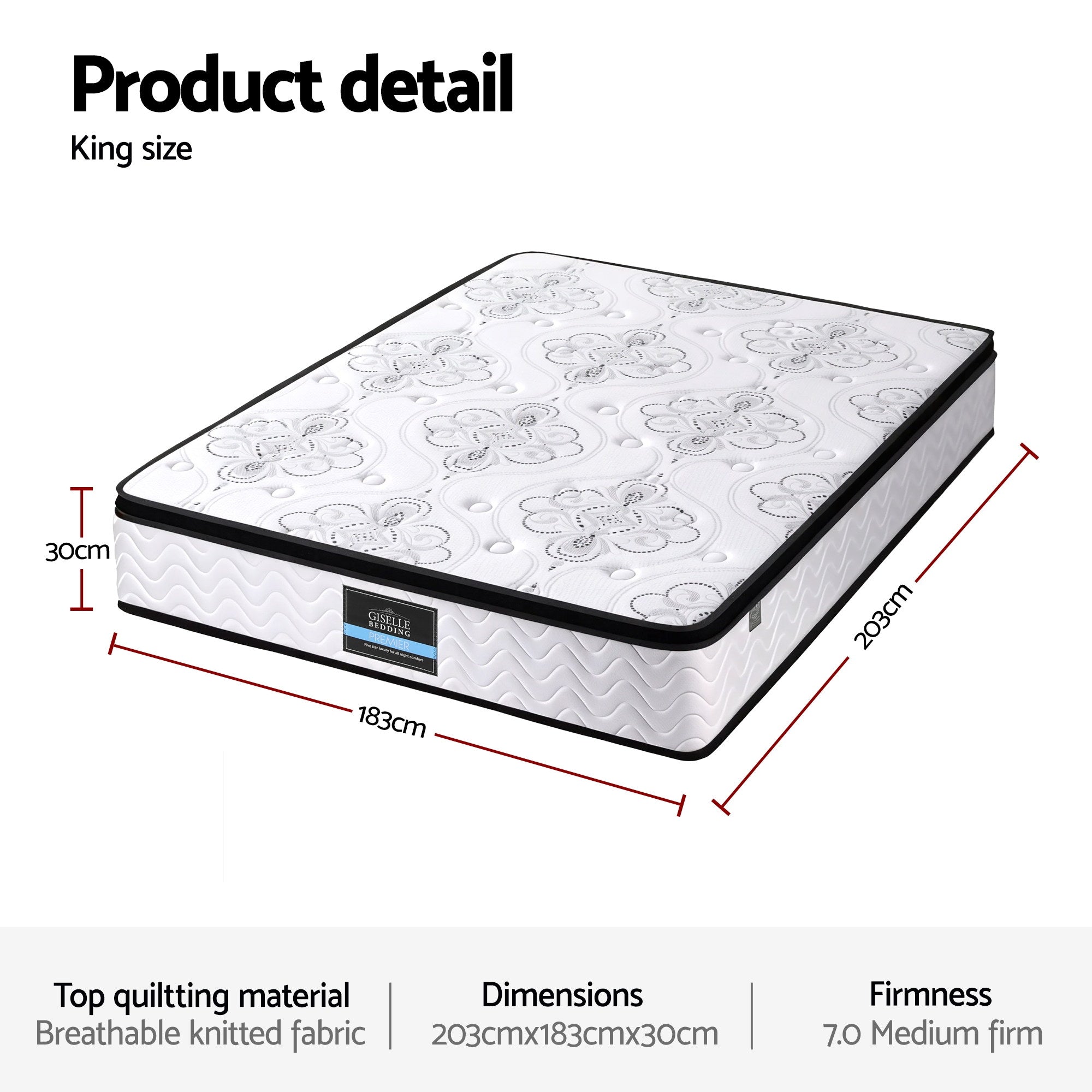 Giselle Bedding 30cm Mattress Pocket Spring Medium Firm Foam Euro Top King-Furniture > Mattresses > King Size Mattress-PEROZ Accessories