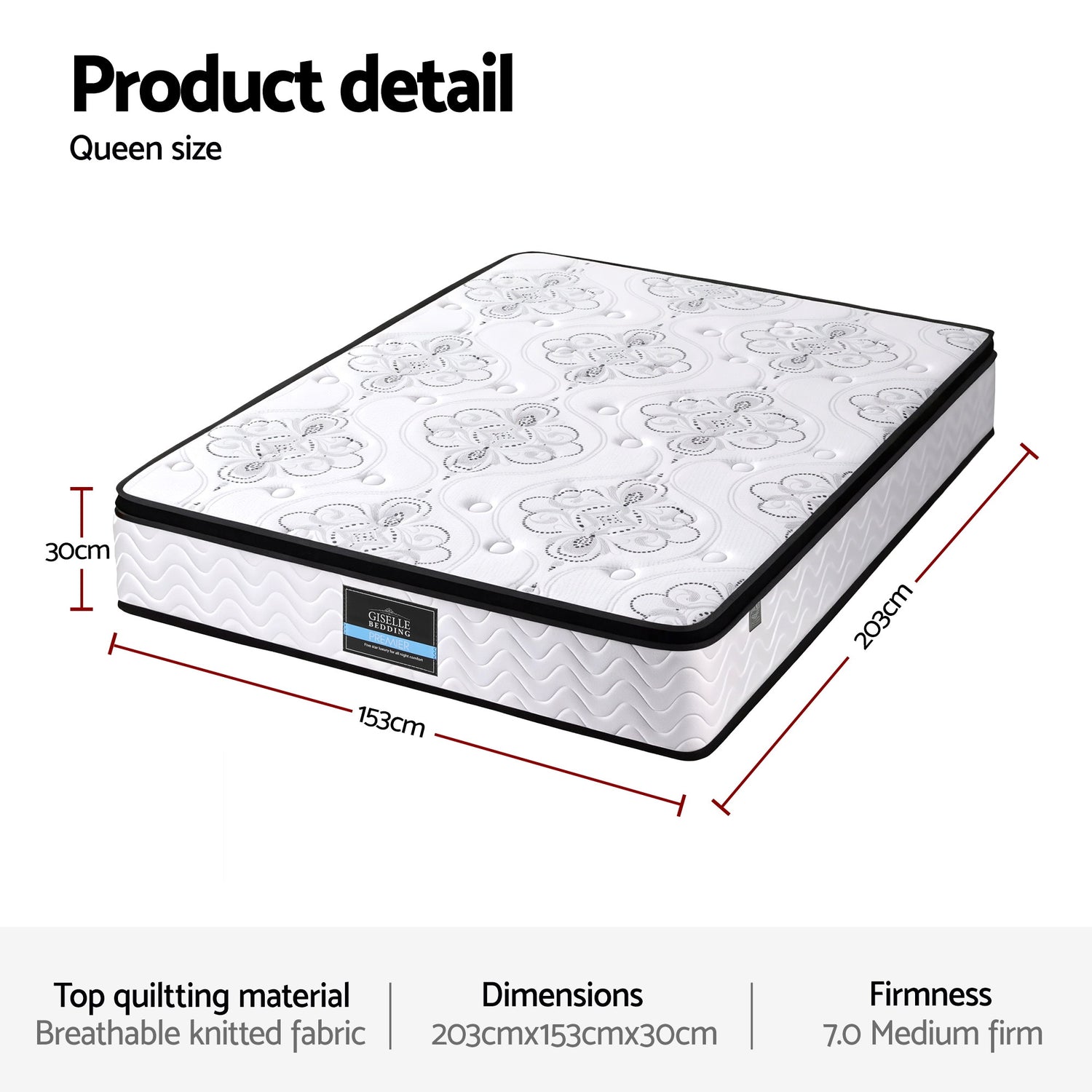 Giselle Bedding 30cm Mattress Pocket Spring Medium Firm Foam Euro Top Queen-Furniture > Mattresses > Queen Mattress-PEROZ Accessories