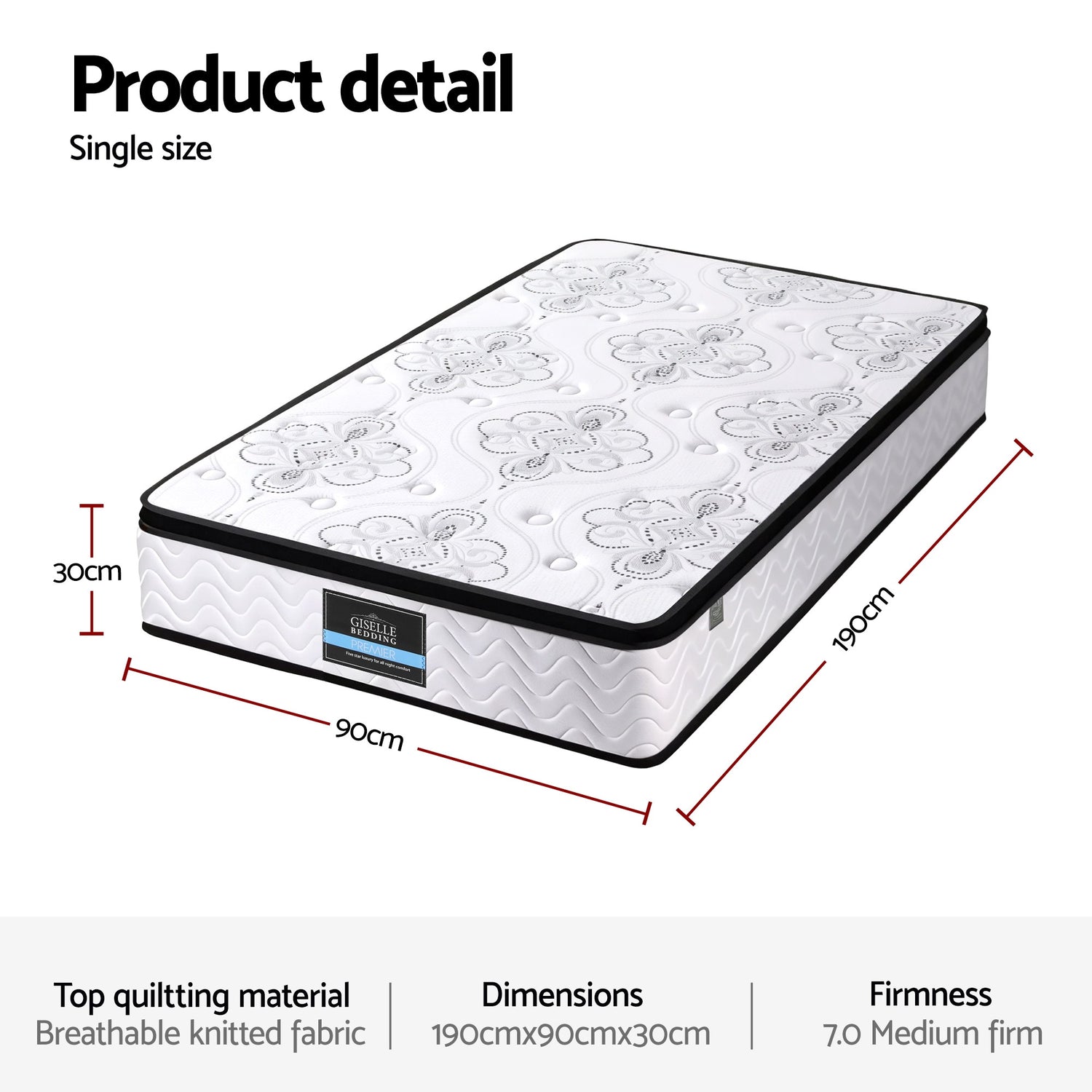 Giselle Bedding 30cm Mattress Pocket Spring Medium Firm Foam Euro Top Single-Furniture > Mattresses > Single Mattress-PEROZ Accessories