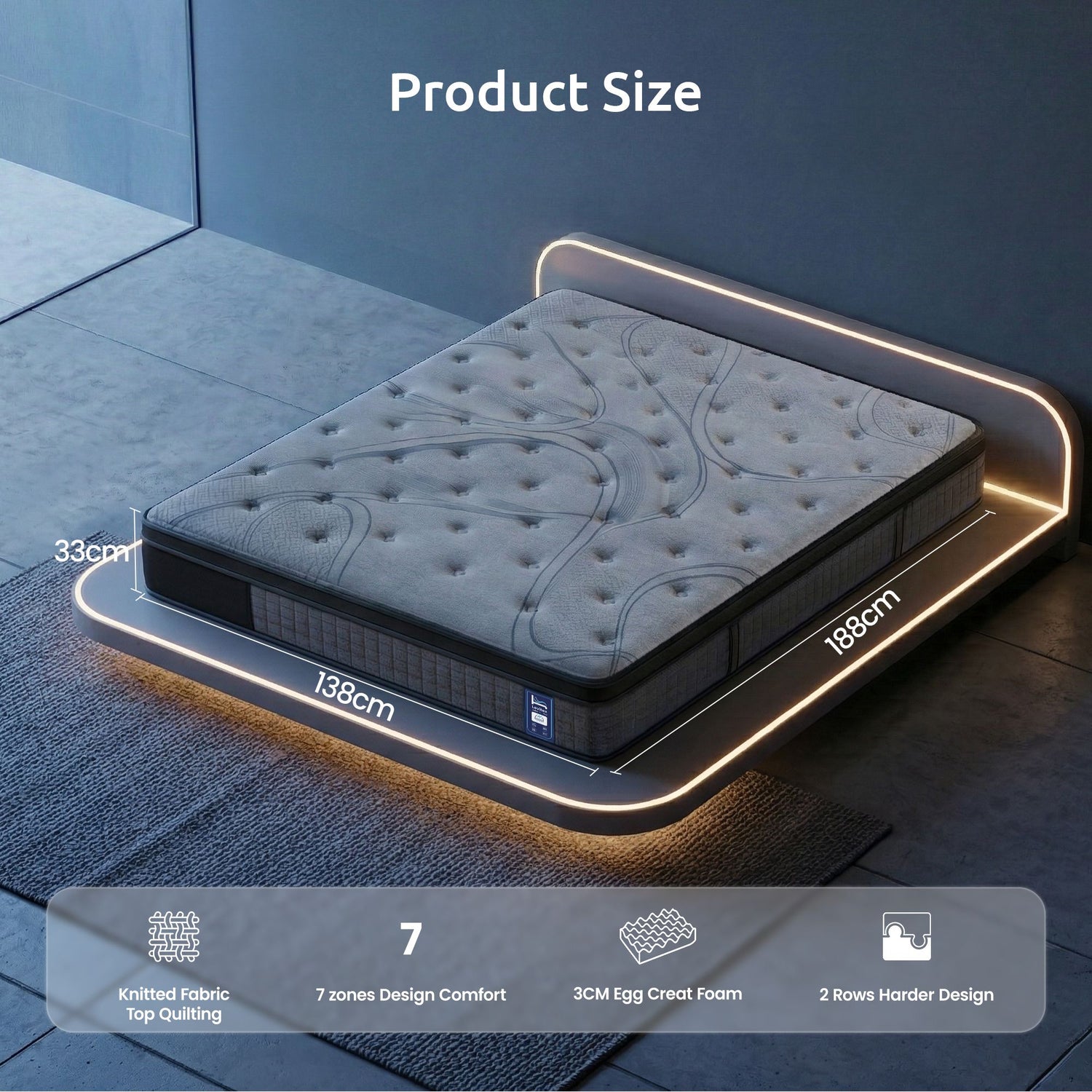 Levitex 33 cm Mattress 8.0 Extra Firm 7-Zone Pocket Spring Mattress with Dual-Row Edge Support &amp; Breathable Knit Cover Double-Furniture > Mattresses > Double Mattress-PEROZ Accessories