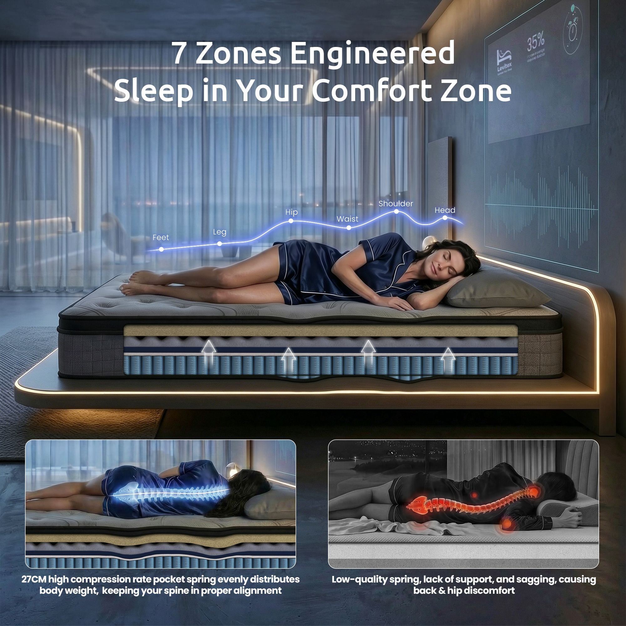 Levitex 33 cm Mattress 8.0 Extra Firm 7-Zone Pocket Spring Mattress with Dual-Row Edge Support &amp; Breathable Knit Cover King Single-Furniture > Mattresses > King Single Mattress-PEROZ Accessories