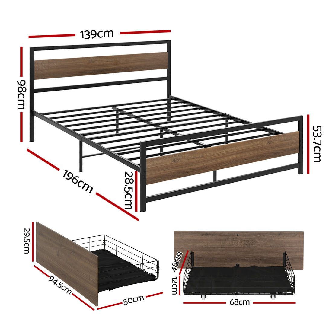 Artiss Bed Frame Double Size Metal Frame with 2 Drawers DREW-Furniture > Bedroom > Beds &amp; Bed Frames-PEROZ Accessories