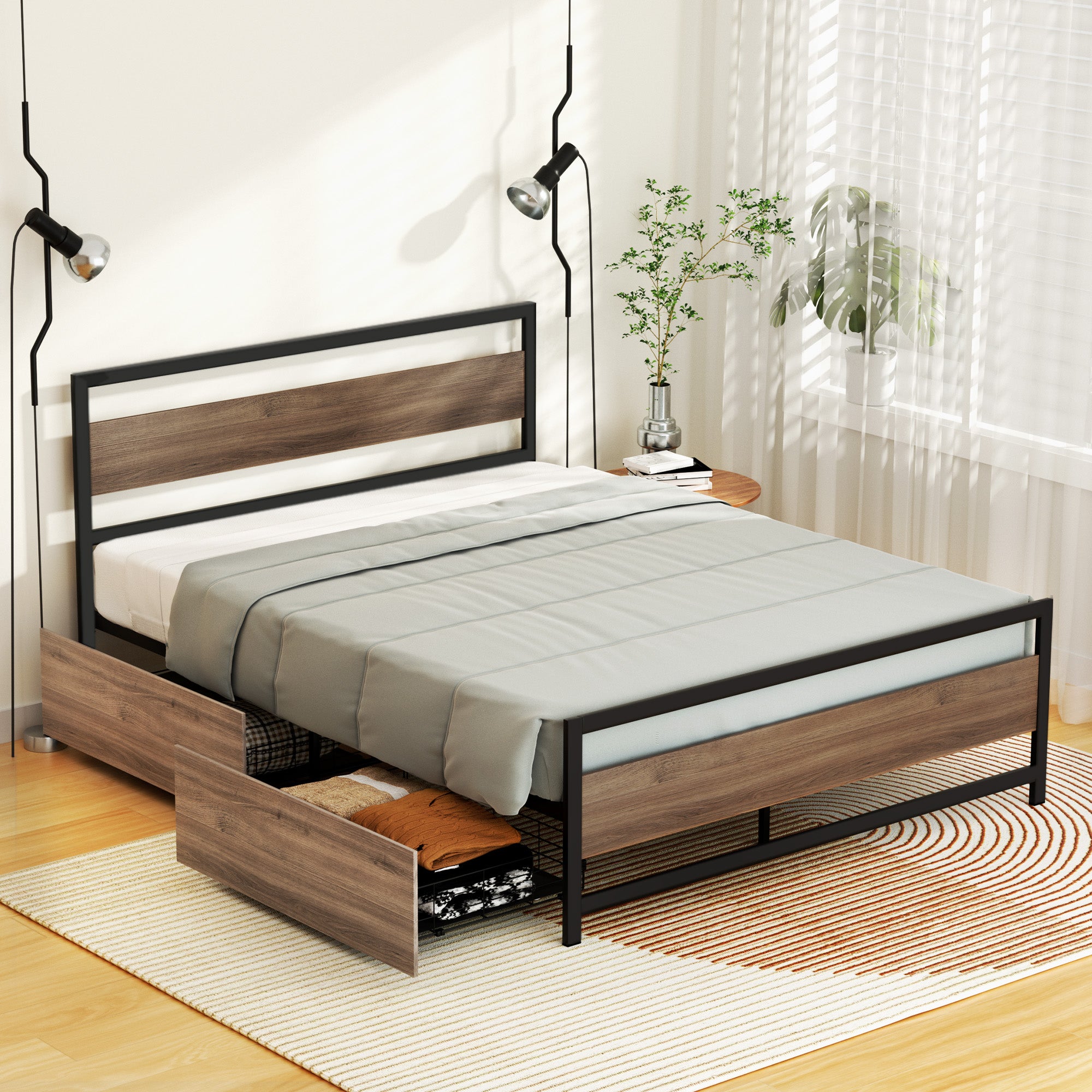 Artiss Bed Frame Queen Size Metal Frame with 2 Drawers DREW-Furniture > Bedroom > Beds &amp; Bed Frames-PEROZ Accessories