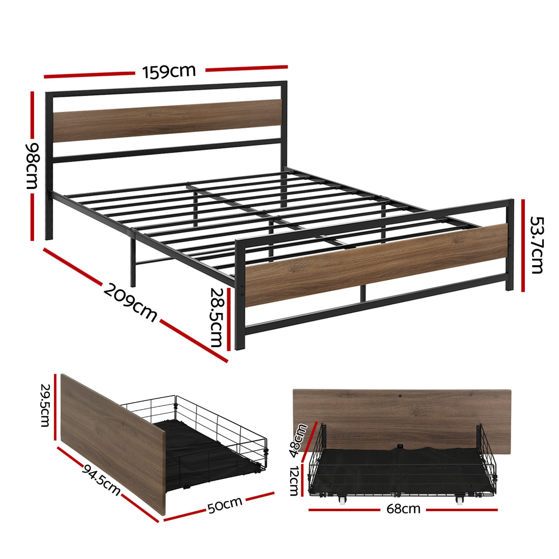 Artiss Bed Frame Queen Size Metal Frame with 2 Drawers DREW-Furniture > Bedroom > Beds &amp; Bed Frames-PEROZ Accessories